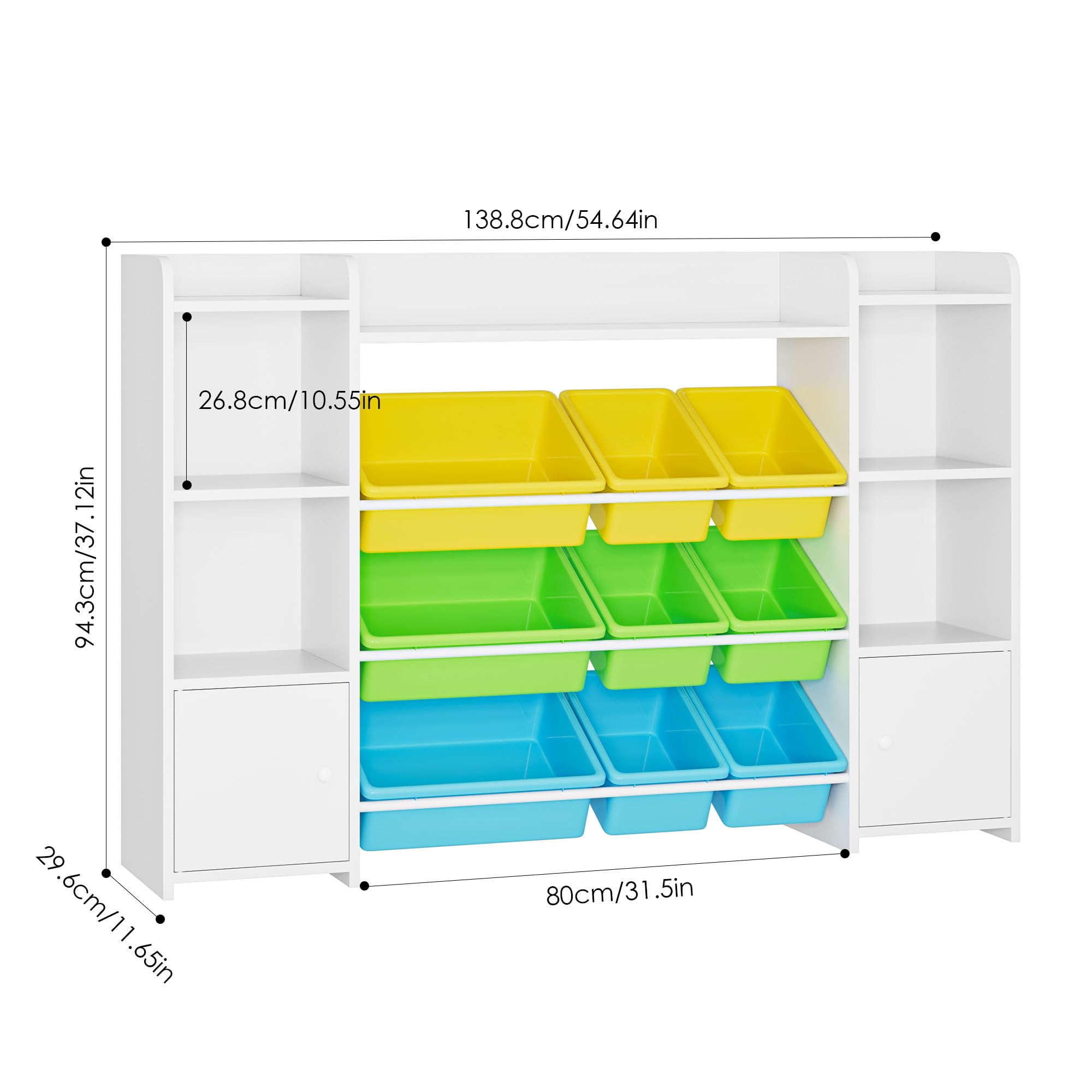 FOTOSOK 55'' Large Toy Storage Organizer with 9 Toy Bins, Toy Organizers and Storage with Shelf and 6 Storage Cubbies, Bookshelf, Playroom Organization and Storage Bins, Yellow/Green/Blue