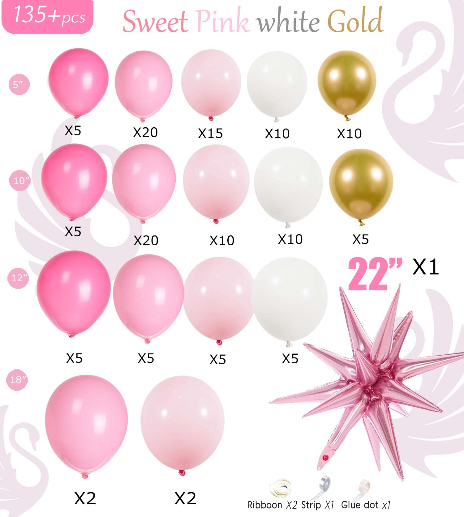 Pink Gold Balloon garland kit 135Pcs Pastel Pink and Gold white balloons for Girl baby shower women Sweet 16/21th Birthday Mother's Day Party Princess theme Decorations