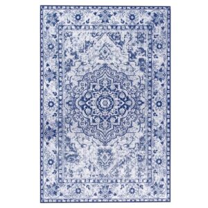 OHWPEAT 5x7 Feet Boho Vintage Living Room Area Rug, Lightweight Non-Shedding Carpet, Hardwearing Stain-Resistant Machine Washable, Non-Slip Rug for Bedroom Office Dining Room Kids Room, Blue Rugs