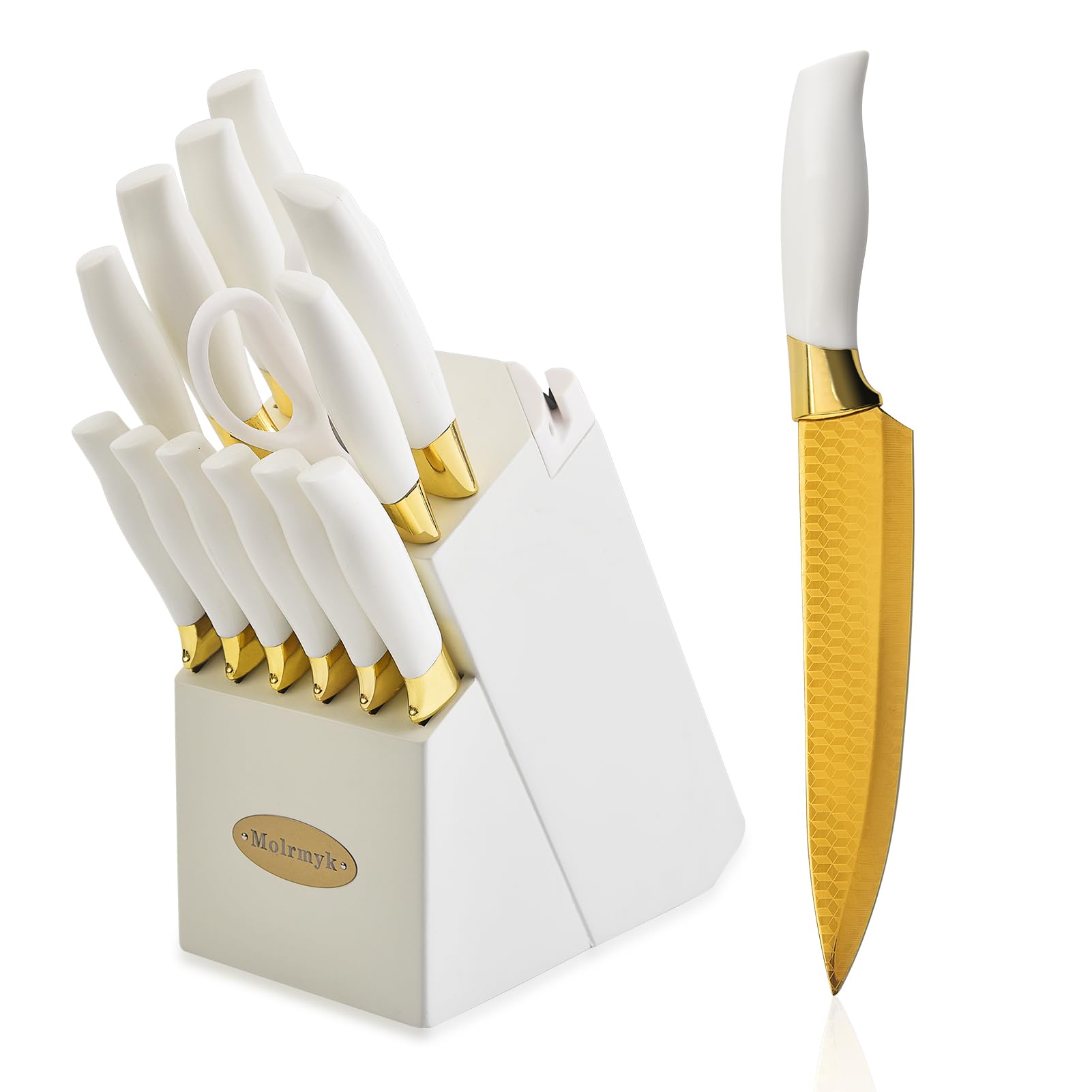 Knife Set, Non Stick Thick and Sharp Stainless Steel Kitchen Knives Set with Wood Block, 14 Pcs Cutlery Knives Block Set with Steak Knife, Bread Knife, Scissors, Chef Quality, White Handle Gold Blade