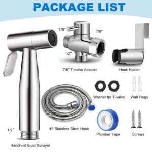 Handheld Bidet Sprayer for Toilet: Premium Stainless Steel Cloth Diaper Sprayer Set, Upgraded Jet Sprayer for Toilet w/Leakproof Hose, High Pressure Bathroom Bidet Sprayer Set Muslim Shower (Silver)