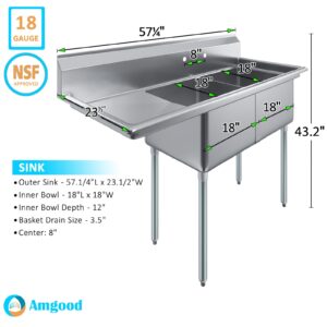 Two Compartment Stainless Steel Commercial Kitchen Prep & Utility Sink with Left Drainboard | Bowl Size 18" x 18" X 12" | NSF