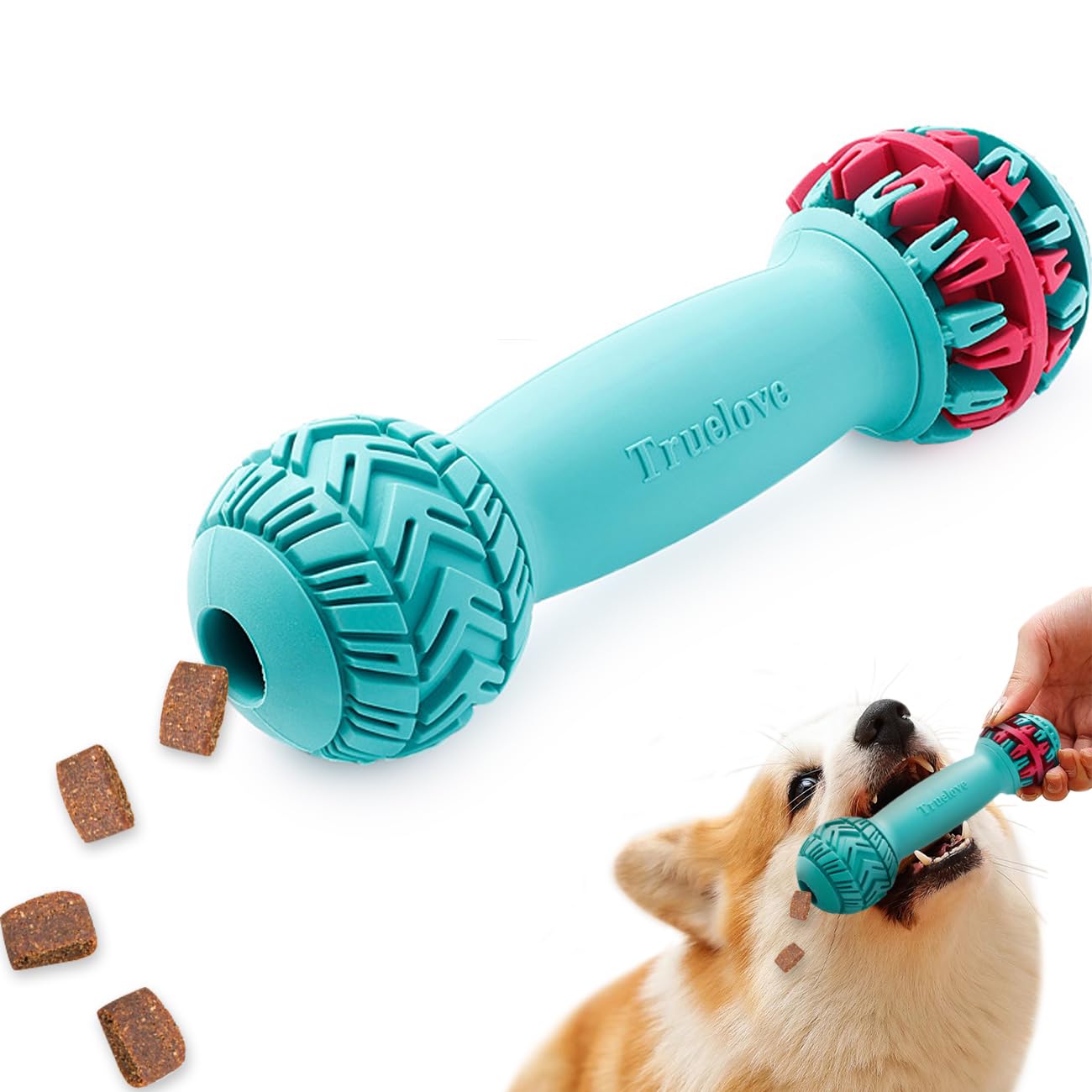 La La Pet®Dumbbell Shaped Dog Chew Toy Natural Rubber Dog Teeth Cleaning Toy Dog Treat Dispensing Toy Dog Oral Chew Toy for Small Medium Large Dogs Red Blue, M