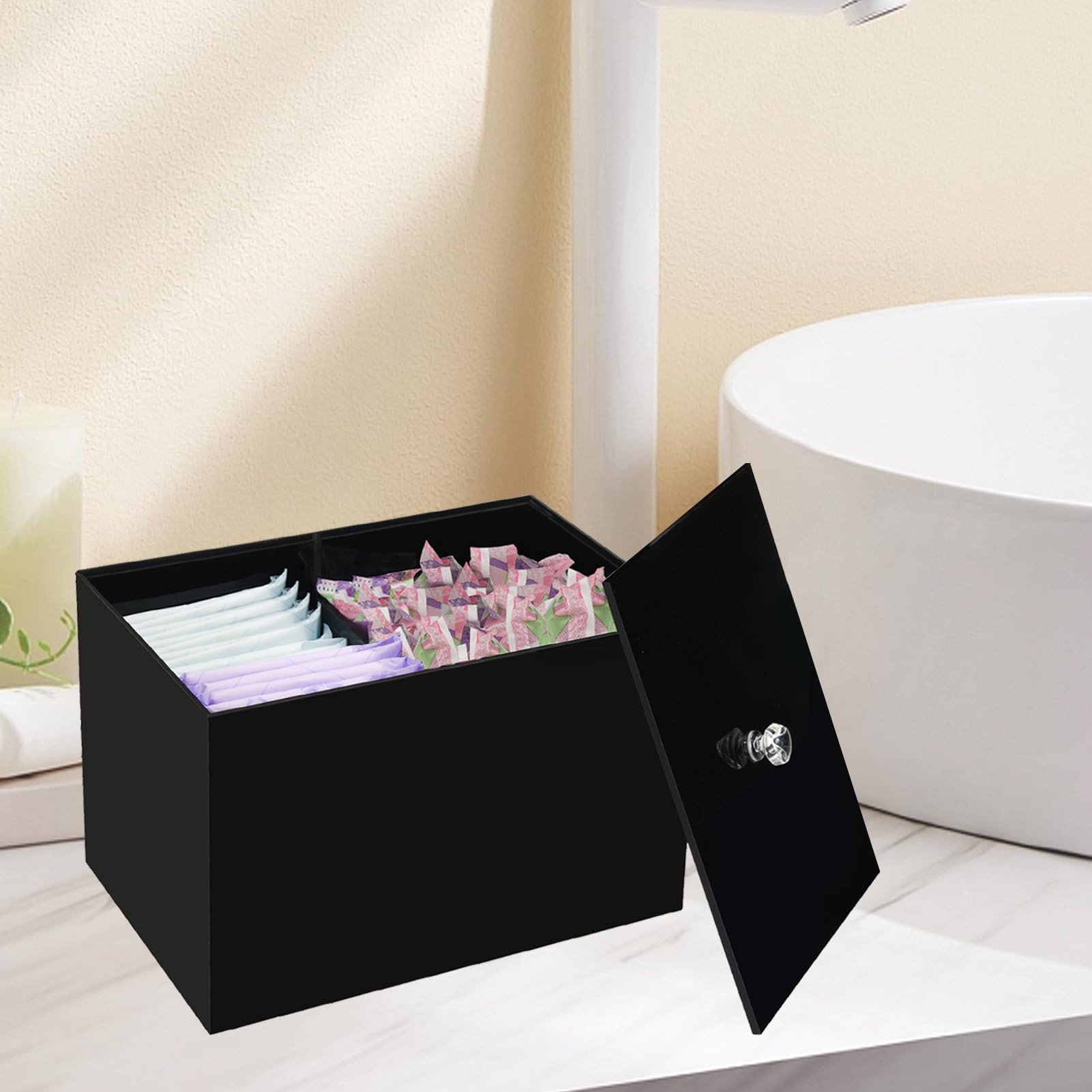 Wuudy Tampon Holder for Bathroom, Shark Week Tampon Storage, Acrylic bathroom organizer with Lid, Feminine Pads Organizer Box with Removable Divider, Black