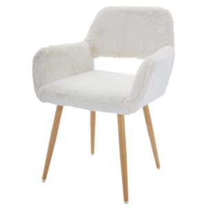 homedraft home office faux fur dining chair, fluffy makeup vanity chair, comfy accent armchair with wood grain metal legs, cute desk chair with hollowed back, white