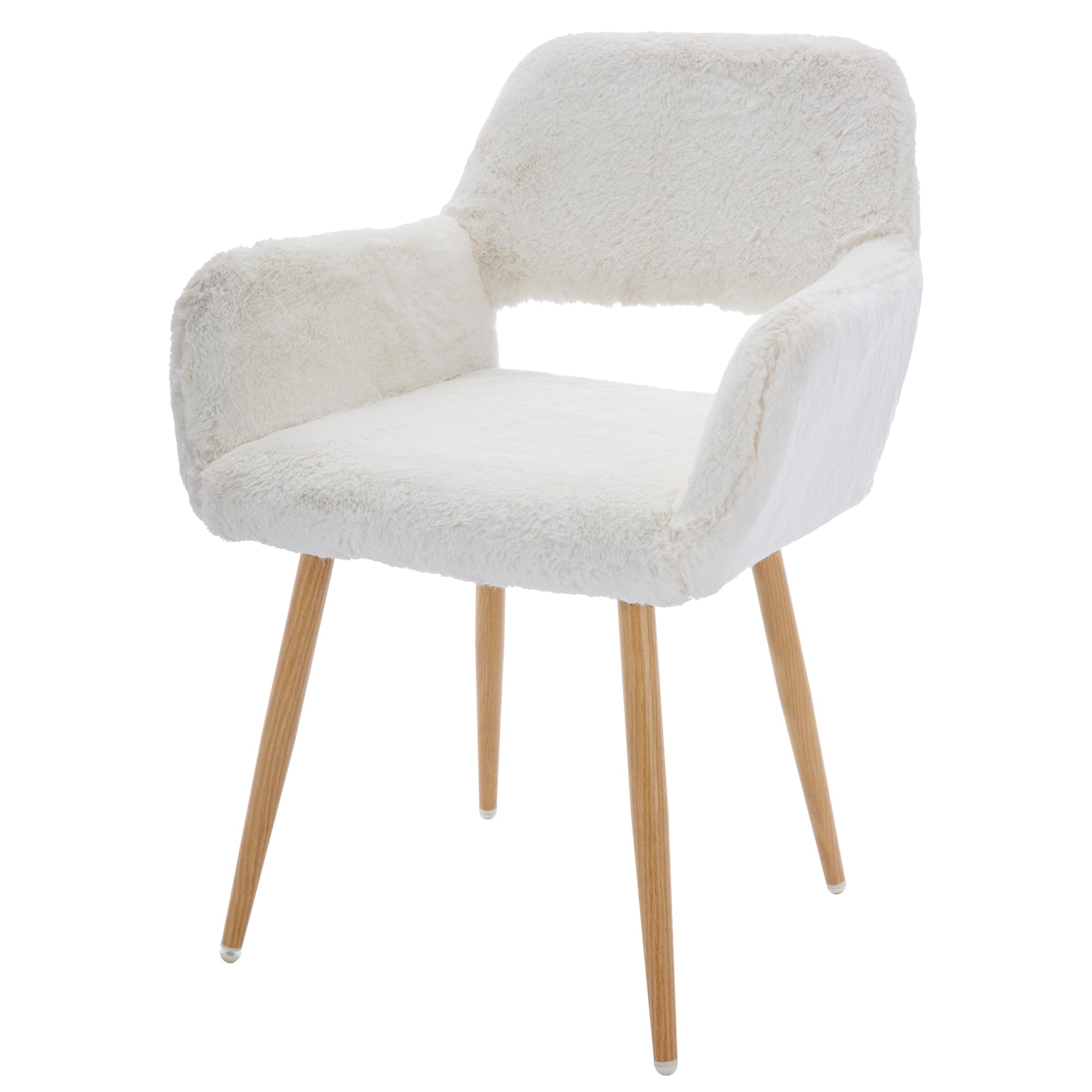 Homedraft Home Office Faux Fur Dining Chair, Fluffy Makeup Vanity Chair, Comfy Accent Armchair with Wood Grain Metal Legs, Cute Desk Chair with Hollowed Back, White