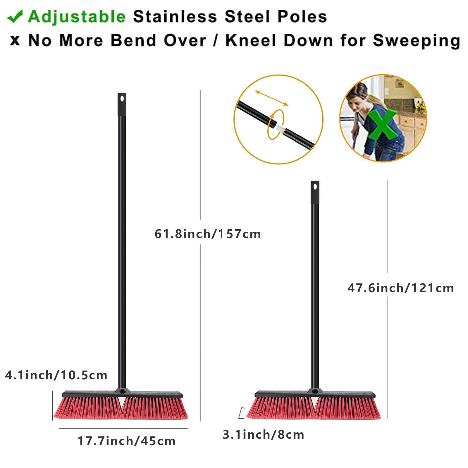 18" Push Broom Outdoor Heavy Duty, Snow Broom with Long Handle, Shop Broom Garage Push Broom for Garden, Patio, Garage, Bathroom, Kitchen, Tub, Carpet, Tile, Deck, Concrete, Industrial (RED)