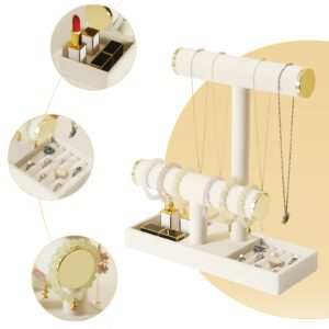 Pangkeep Jewelry Holder Stand,2 Tier Necklace Bracelet Organizer with Tray,Jewelry Displays for Selling Bangles Scrunchie Hair ties Watches and Chains,Beige Velvet.