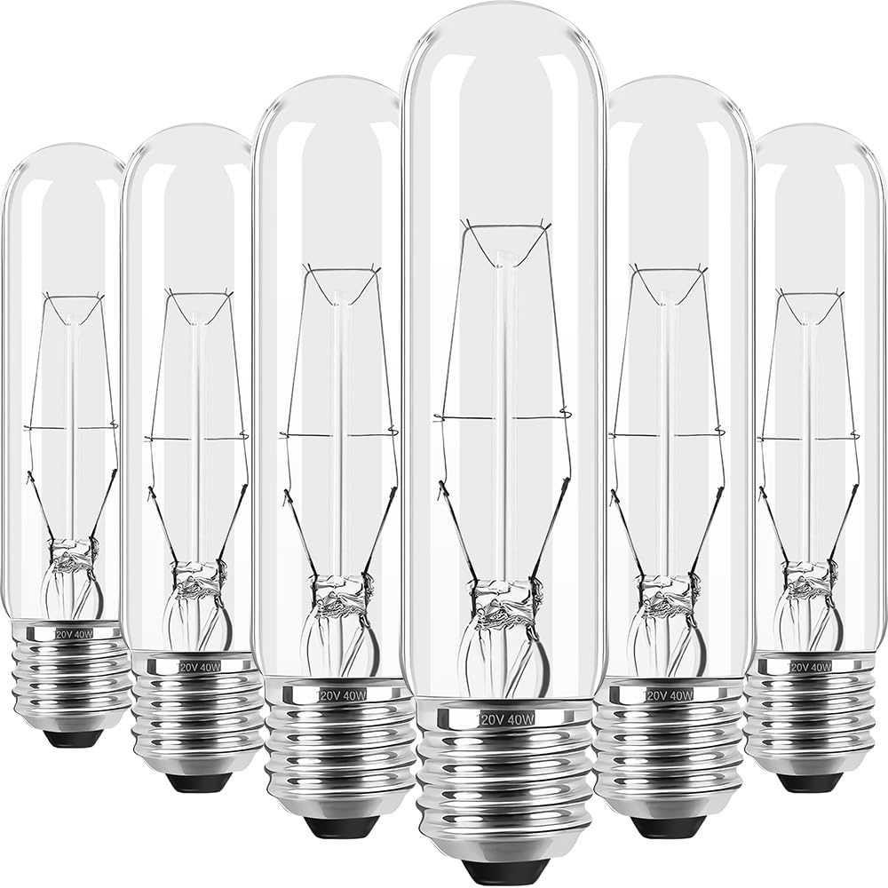 Usoway 40 Watt T10 Clear Tubular Incandescent Light Bulb, E26 Medium Base,2700K Soft White,280 Lumens,Showcase lamp. (6)