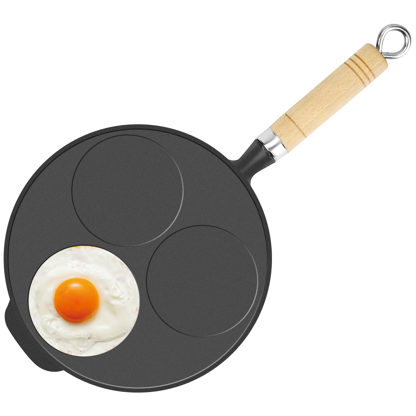 Linkidea Cast Iron 3-Cup Egg Frying Pan, Suitable for Gas Stove & Induction Cooker, Egg Skillet for Breakfast, Long Lasting, Easy Flipping, Healthy Uncoated Egg Cooker with Wooden Handle