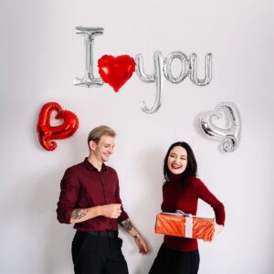 I Love You Balloons, 2 PCS Red and Silver I Love U Banner Foil Letter Balloon for Valentines Day Party Engagement Anniversary Wedding Decor Supplies