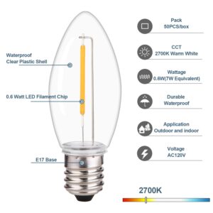 BORT 50 Pack C9 LED Replacement Light Bulb, C9 LED Bulbs for Christmas Outdoor String Lights, E17 Intermediate Base, Clear Plastic Commercial Grade Holiday Bulbs 2700K