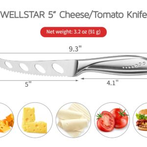 WELLSTAR Cheese Knife, Serrated Tomato Knife 5 Inch Sharp High Carbon Stainless Steel Blade for Cutting All Cheese Types – Silver