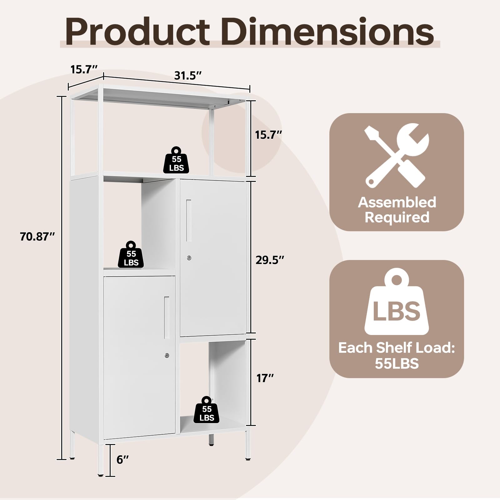 AFAIF Bookshelf with Doors, 71" H Tall Bookcase with Storage Shelves and Lock, Modern Open Shelf Bookcase, White Metal Bookcases with Storage Cabinet for Home Office, Bedroom, Living Room