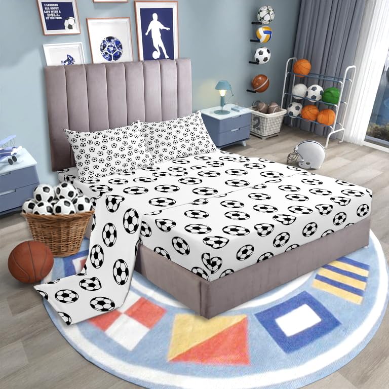 Soccer Kids Sheet Full Size,Ball Sports Games Competition Bedding Set,Girls Boys Adults Room Decor,American Football Cartoon Black White Unique Bed Sheet Set 4pcs(Fitted + Flat + 2 Pillowcases)