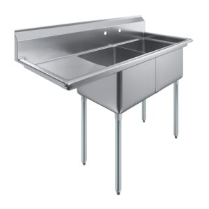 two compartment stainless steel commercial kitchen prep & utility sink with left drainboard | bowl size 18" x 18" x 12" | nsf