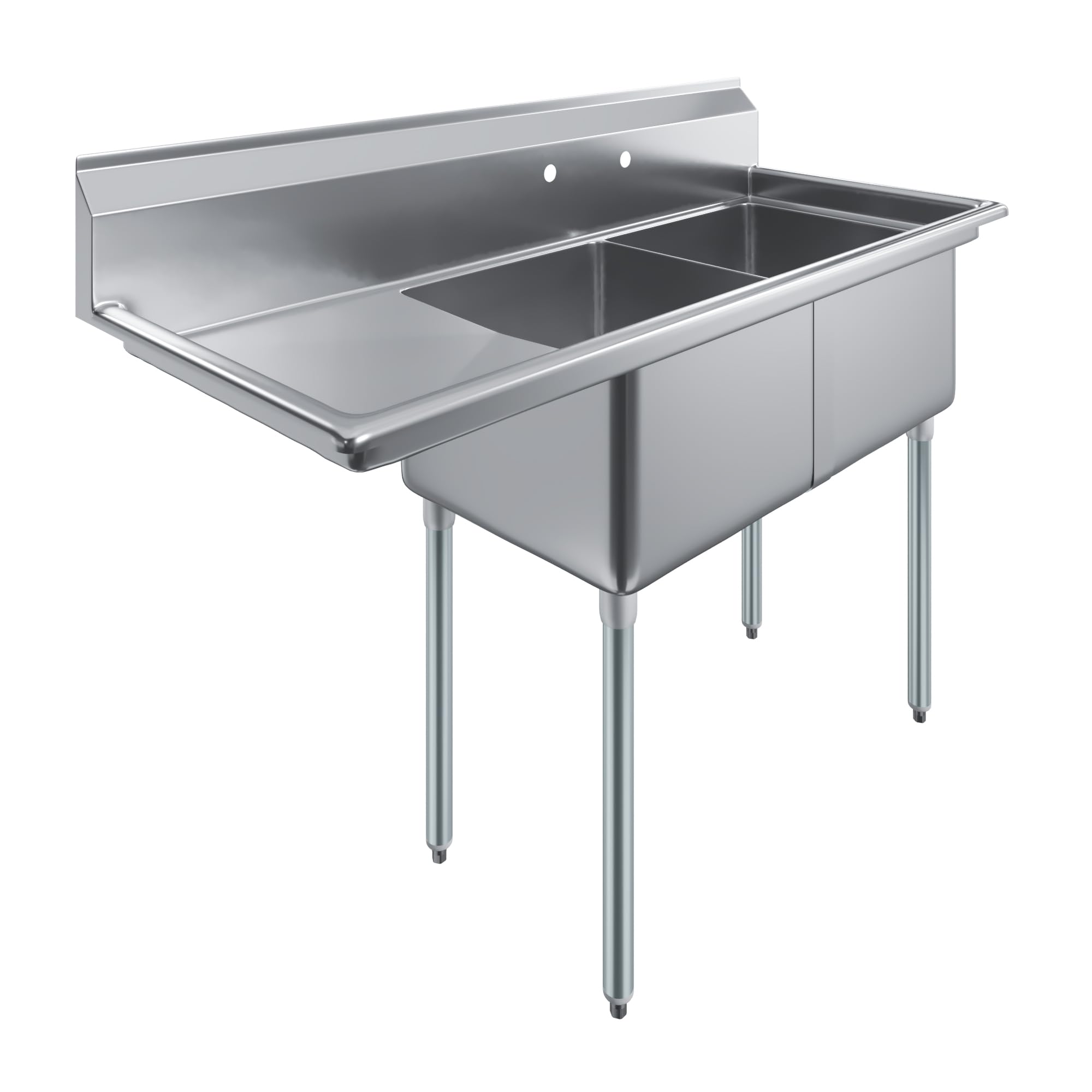 Two Compartment Stainless Steel Commercial Kitchen Prep & Utility Sink with Left Drainboard | Bowl Size 18" x 18" X 12" | NSF