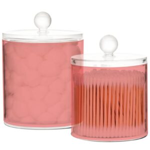 gredecor light coral plastic apothecary canister jar storage organizer for bathroom, bedroom, vanity, kitchen cabinet organization - holds cotton swab qtip set of 2 sizes