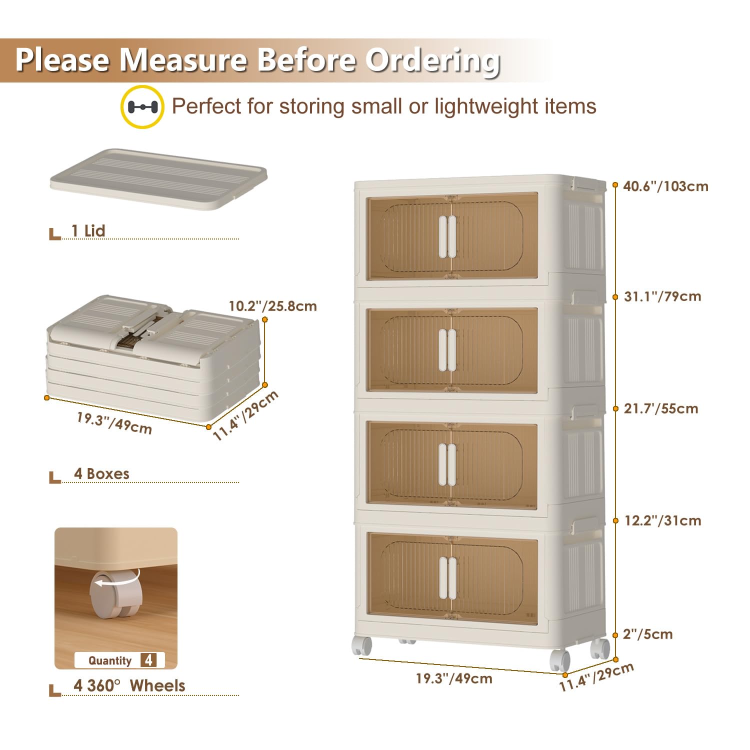 gerritfany Storage Bins with Lids, Collapsible Storage Bins with Wheels, 144QT Plastic Storage Bin, Storage for Closet, Home and Office, Storage Cabinet, 19.3"x11.4"x 40.6", 4-Tier