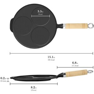 Linkidea Cast Iron 3-Cup Egg Frying Pan, Suitable for Gas Stove & Induction Cooker, Egg Skillet for Breakfast, Long Lasting, Easy Flipping, Healthy Uncoated Egg Cooker with Wooden Handle