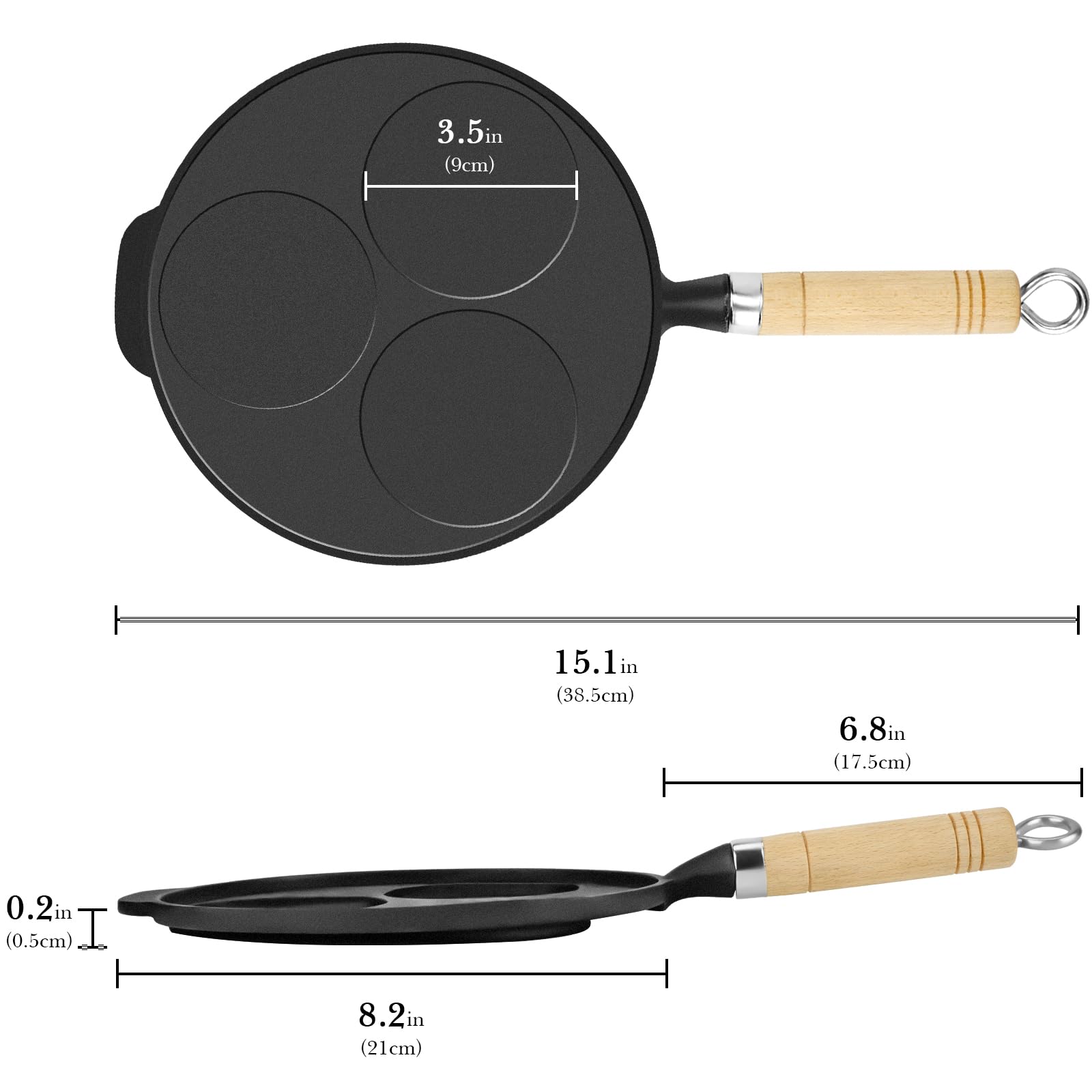 Linkidea Cast Iron 3-Cup Egg Frying Pan, Suitable for Gas Stove & Induction Cooker, Egg Skillet for Breakfast, Long Lasting, Easy Flipping, Healthy Uncoated Egg Cooker with Wooden Handle