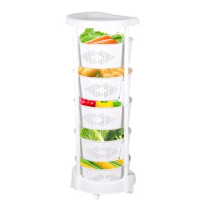 sahuaniye rotating storage rack, 5-tier rotating fruit basket racks for kitchen, movable vegetable storage shelf cart with wheels, floor standing 360° rotation organizer for potato & onion, white