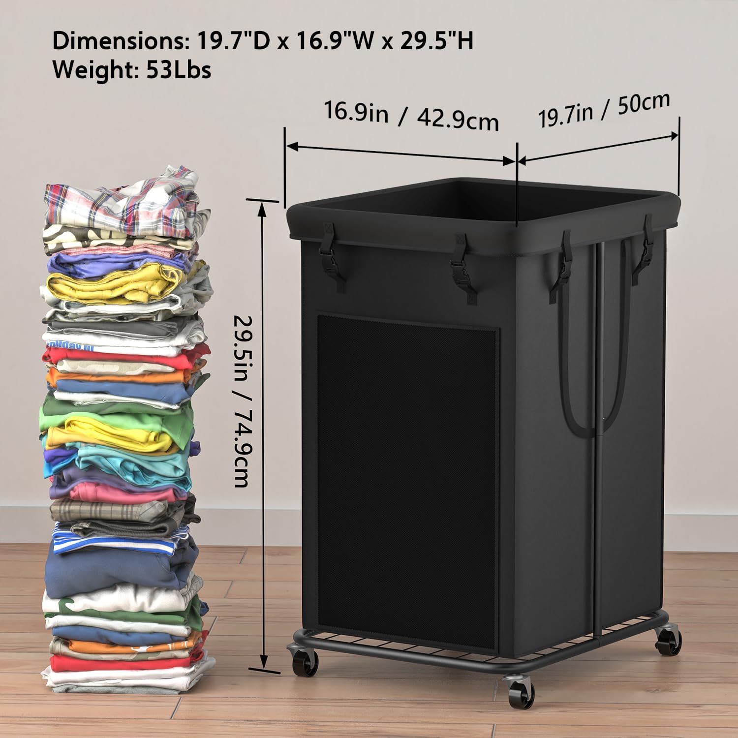 YKDIRECT 150L Large Laundry Hampers, Oxford Fabric Laundry Hampers Clothes Hampers, Metal Frame and Removable Bag Design with Wheels, Suitable for Bedroom, Bathroom, Dorm Room, Laundry Room (Black)