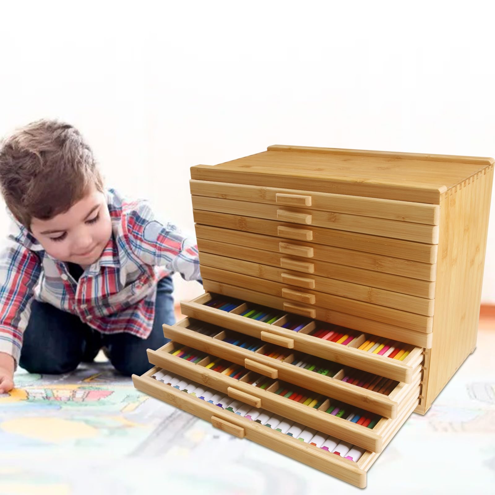 Vencer 12-Drawer Bamboo Artist Supply Storage Box - Effortlessly Organize and Store Pencils,Pens,Pastels,Markers,Brushes,and Tools with Adjustable Compartments and Generous Capacity,VAO-020