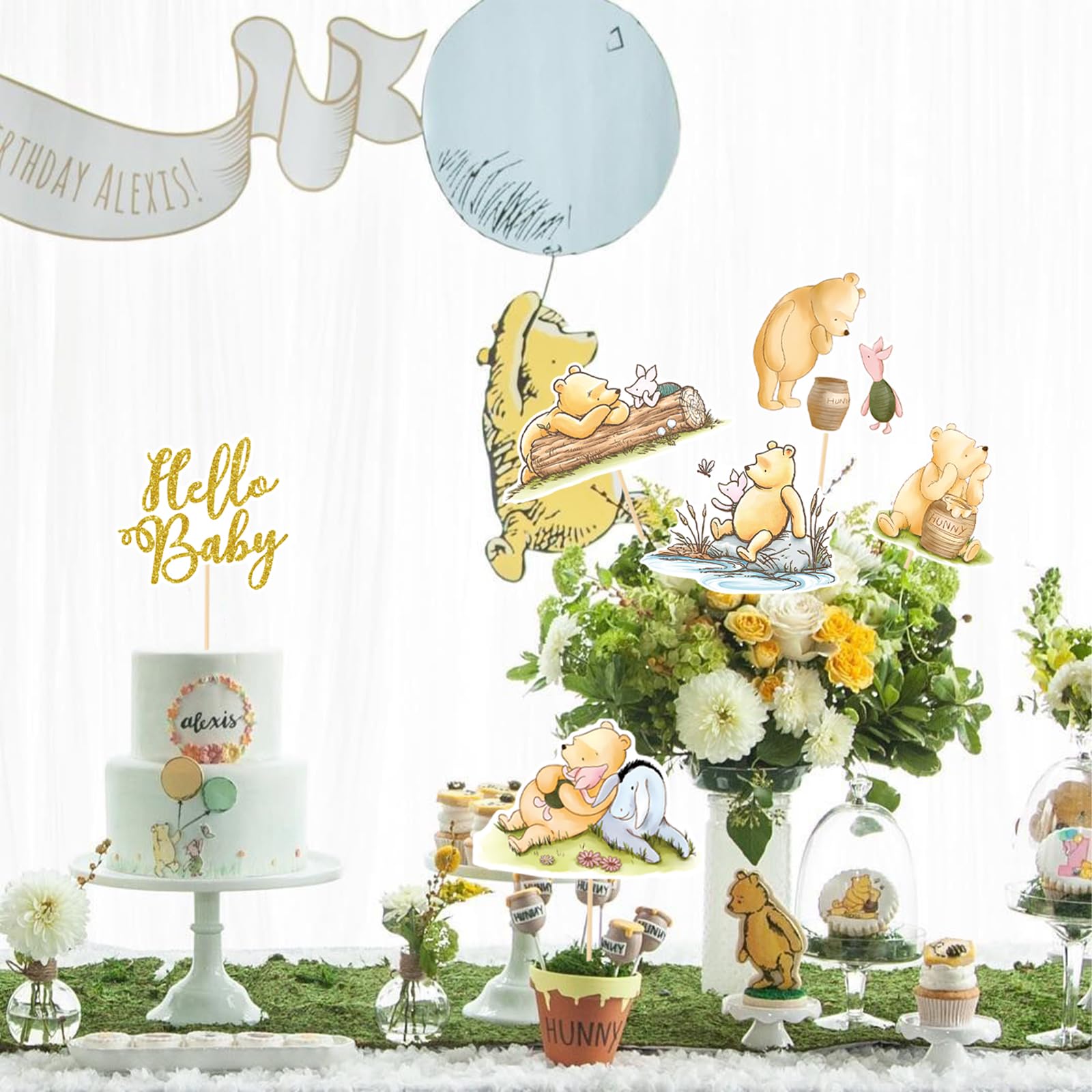 MEMOVAN 16pcs Classic The Pooh Centerpieces for Baby Shower Decorations Winnie Centerpieces Sticks Oh Baby Winnie Table Toppers for Winnie Birthday Party Supplies