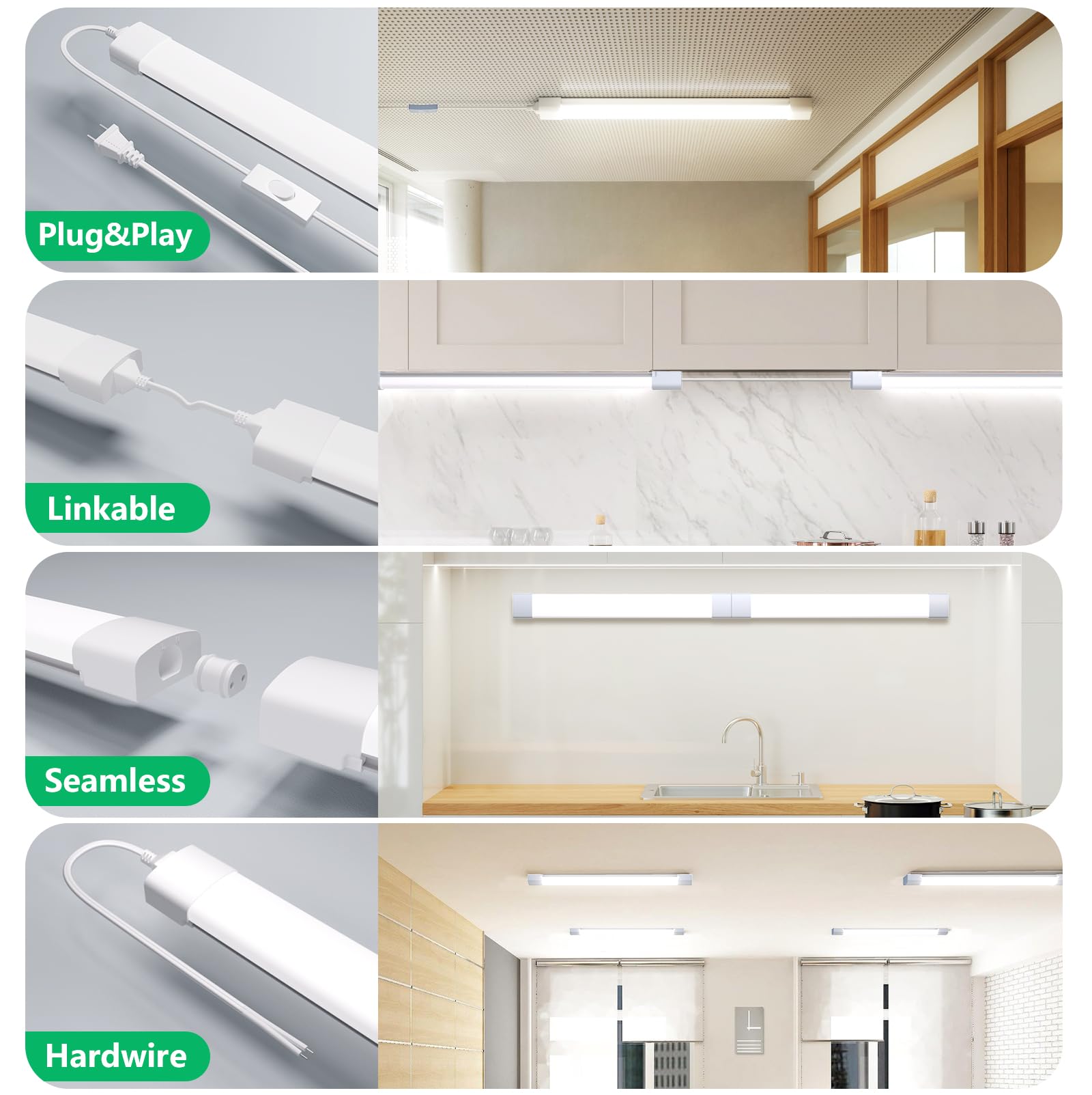 Modlicht 4FT Plug in Shop Light 2PCS, 5000K Linkable 36W Workbench Light, LED Tube Lights with Plug, 4500 LM Ceiling Closet Light for Laundry Garage Basement Kitchen