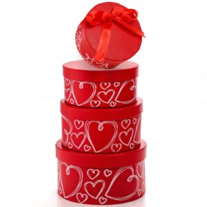 Goaste 4 Pack Round Gift Boxes with Lids, Red Nesting Gift Boxes, Stackable Flower Boxes with Ribbon for Arrangements, Wedding, Birthday, Valentines, Party, Anniversary, Christmas, Bridesmaid