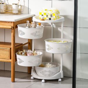 SAHUANIYE Rotating Storage Rack, 4-Tier Rotating Fruit Basket Racks for Kitchen, Movable Vegetable Storage Shelf Cart with Wheels, Floor Standing 360° Rotation Organizer for Potato & Onion (White)