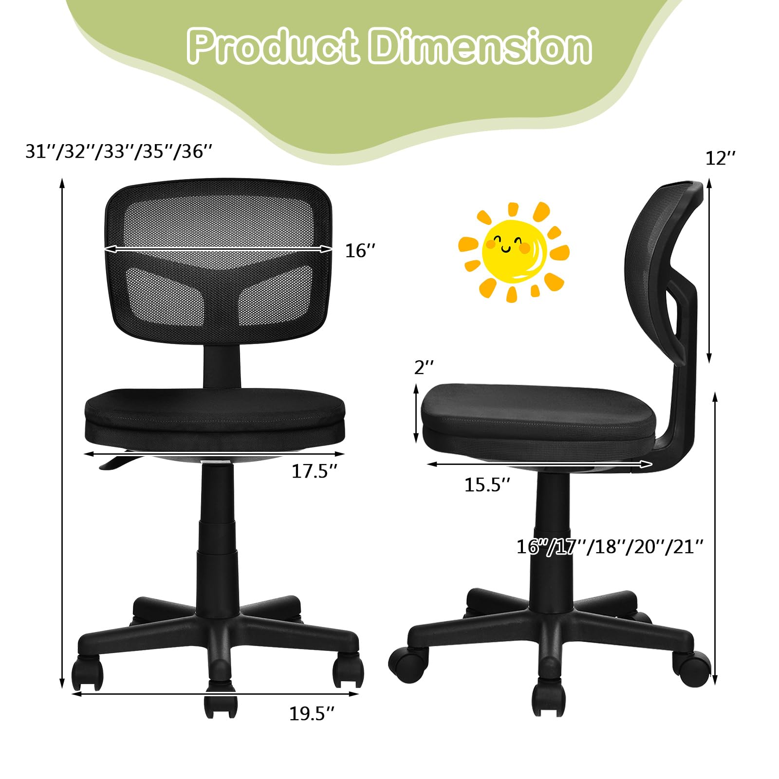 Giantex Kids Desk Chair, Low-Back Mesh Computer Chair Armless Ergonomic Office Chair with Adjustable Height, Y-Shaped Support for Teens Kids, 360° Swivel Task Chair for Home Office School (Black)