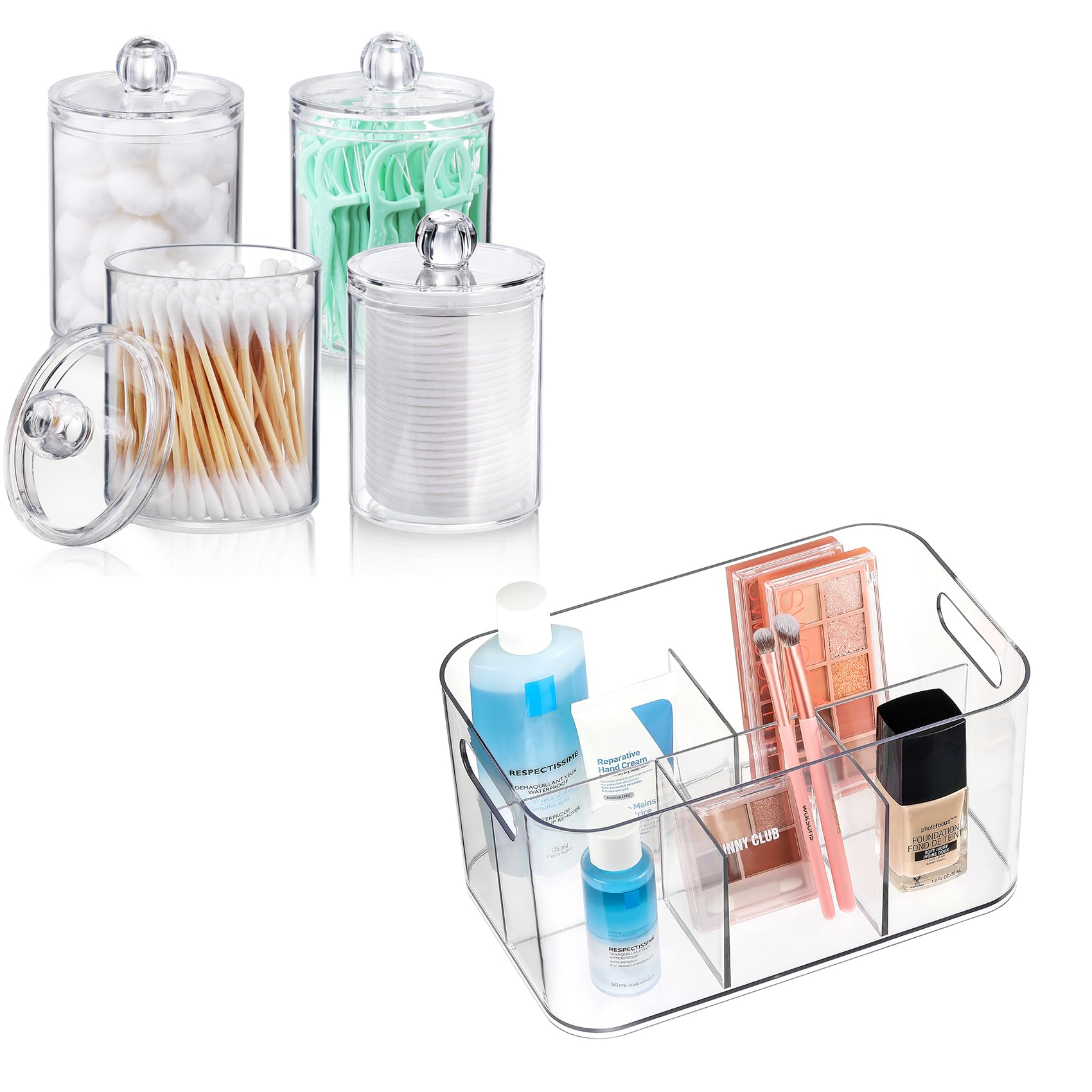 AOZITA 4 PACK Qtip Holder Dispenser + 1 Pack, 5-Compartment Clear Plastic Bin - Divided Cosmetic Makeup Caddy Organize