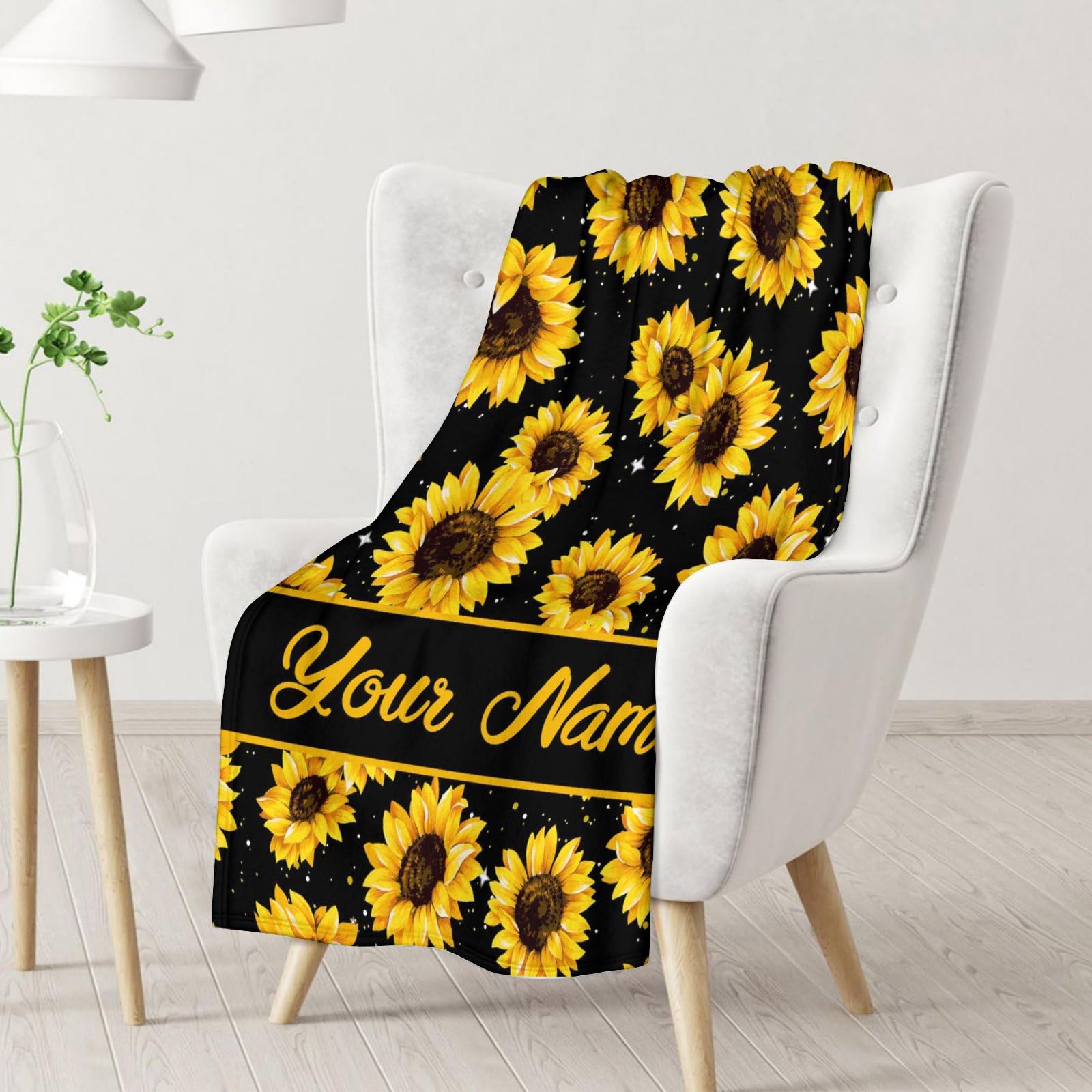 Personalized Sunflower Blanket with Name - Soft, Fuzzy & Warm - 40x30 Inches Small Blanket for Office, Chair - Yellow Cute Throw Blanket Gifts for Girls