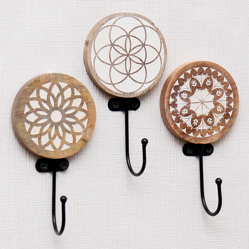 Indian Shelf 3 Piece Wood Boho Wall Hooks for Hanging Coats, Bags, Backpack Decorative Key Holder Unique Coat Rack Wall Mounted Natural Brown Key Hooks