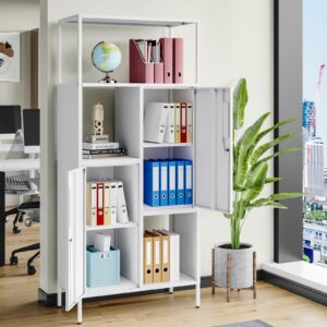 AFAIF Bookshelf with Doors, 71" H Tall Bookcase with Storage Shelves and Lock, Modern Open Shelf Bookcase, White Metal Bookcases with Storage Cabinet for Home Office, Bedroom, Living Room