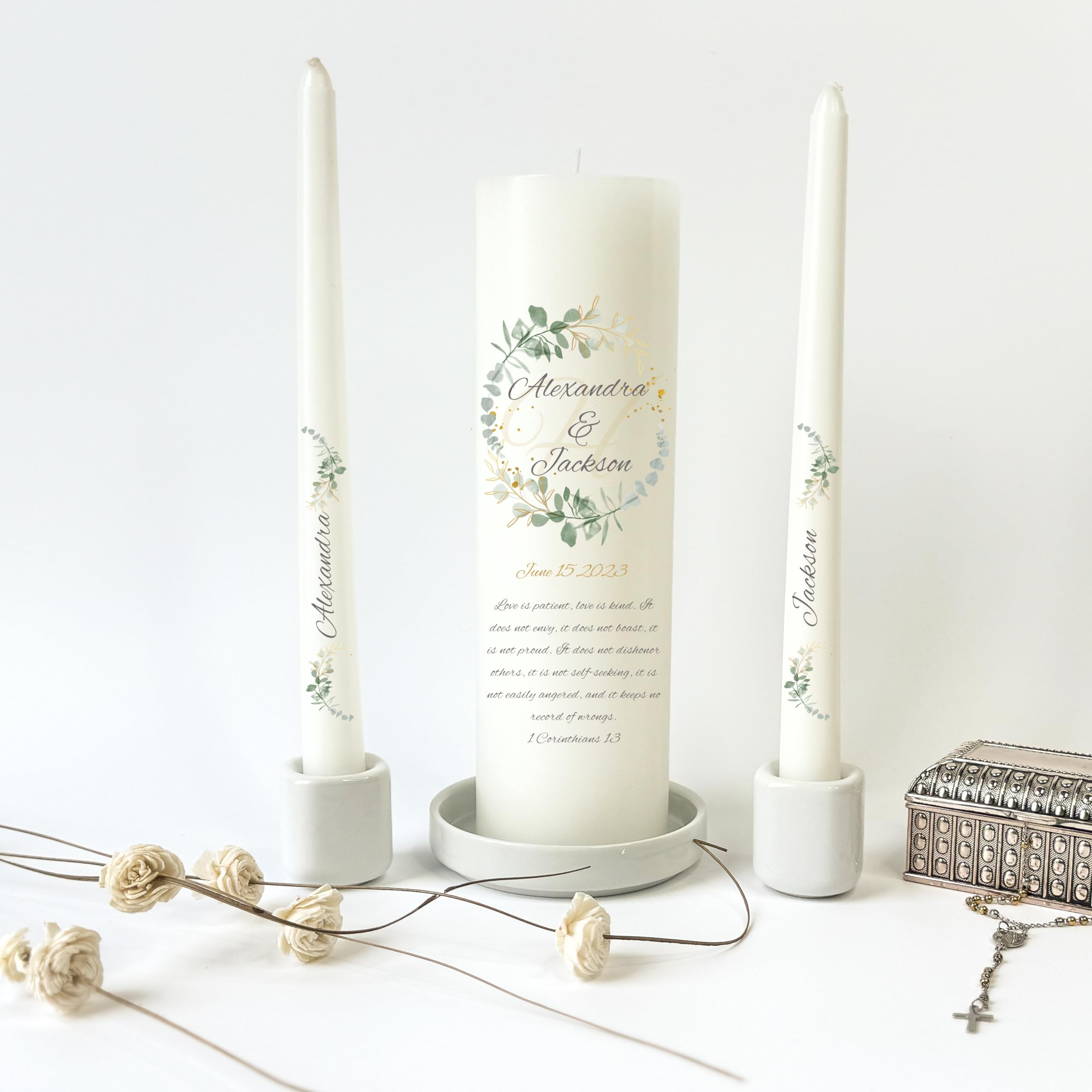 Unity Candles for Wedding, Unity Set, Custom and Personalized Pillar and Taper Candles with Bible Quote, Unscented White Premium Wax, Religious and Wedding Ceremony, Special Events (Zinnia)