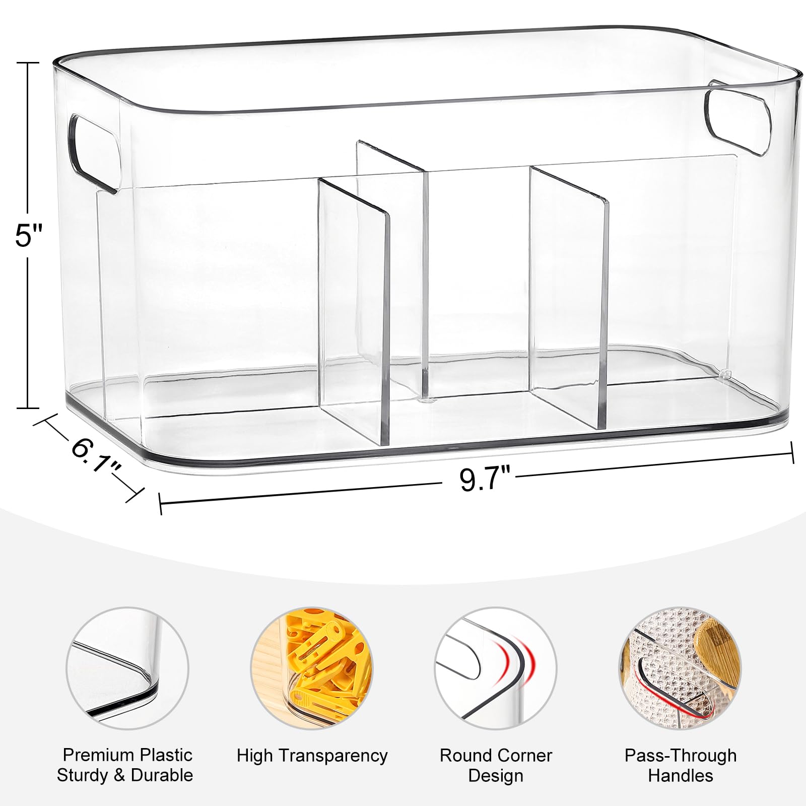 AOZITA 4 PACK Qtip Holder Dispenser + 1 Pack, 5-Compartment Clear Plastic Bin - Divided Cosmetic Makeup Caddy Organize