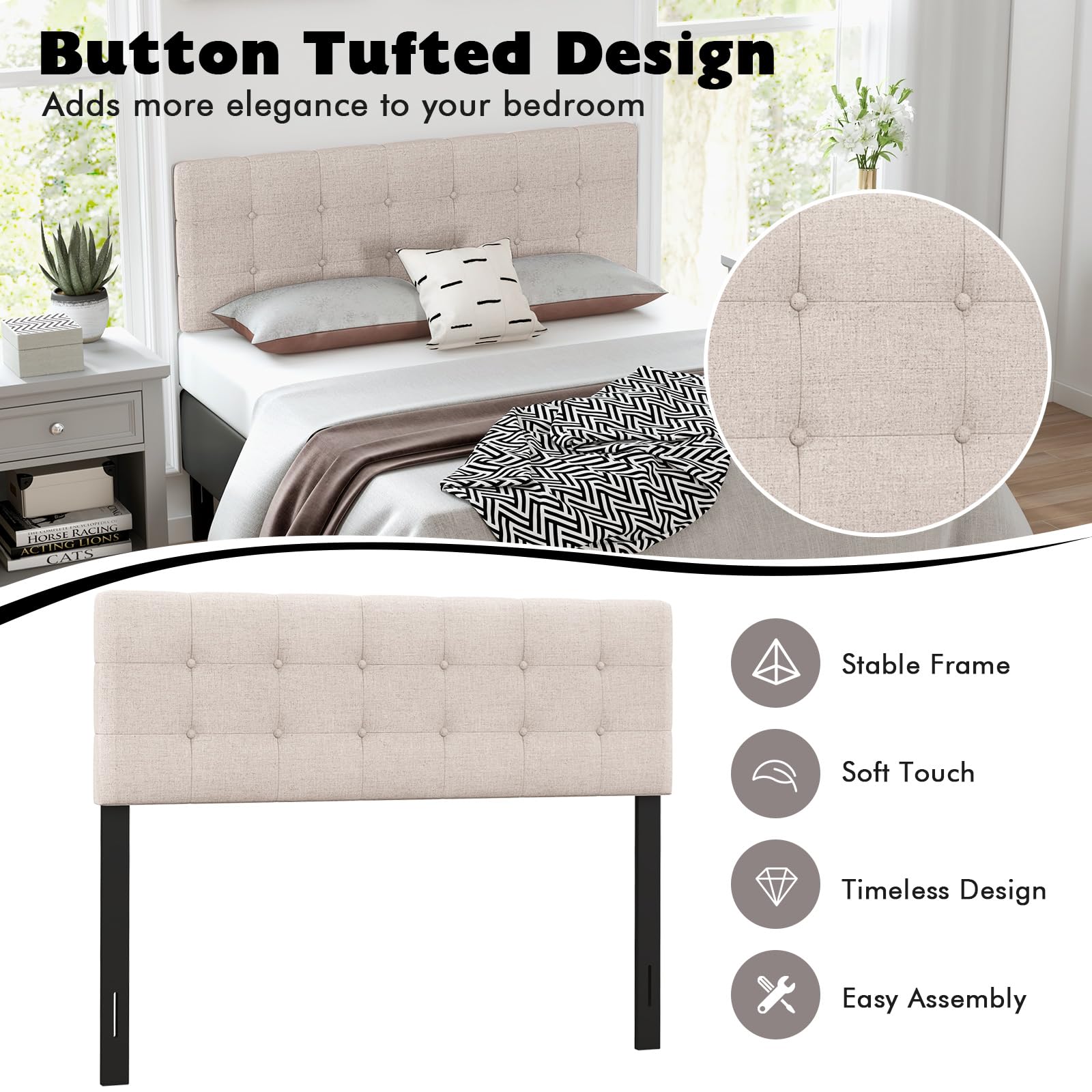 Giantex Linen Upholstered Headboard, Adjustable Width Button Tufted Headboard Only with Solid Wood Legs, Attach Frame, Modern Headboards for Queen Full Size Bed, Beige