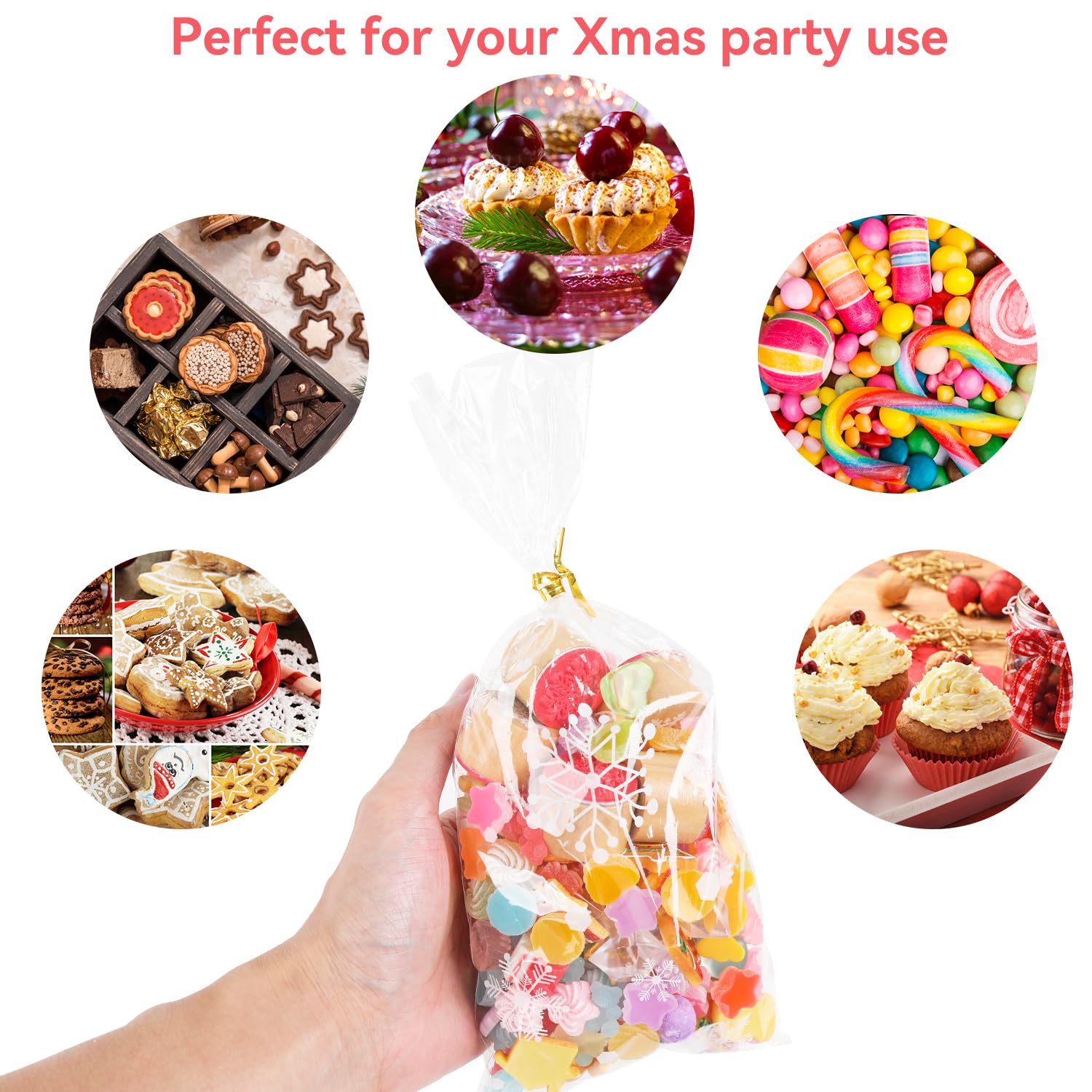 FOPINOA Snowflake Cellophane Bags, 120PCS Clear Christmas Treat Bags Snowflake Goodie Bags with 150 Twist Ties for Christmas Party Supplies