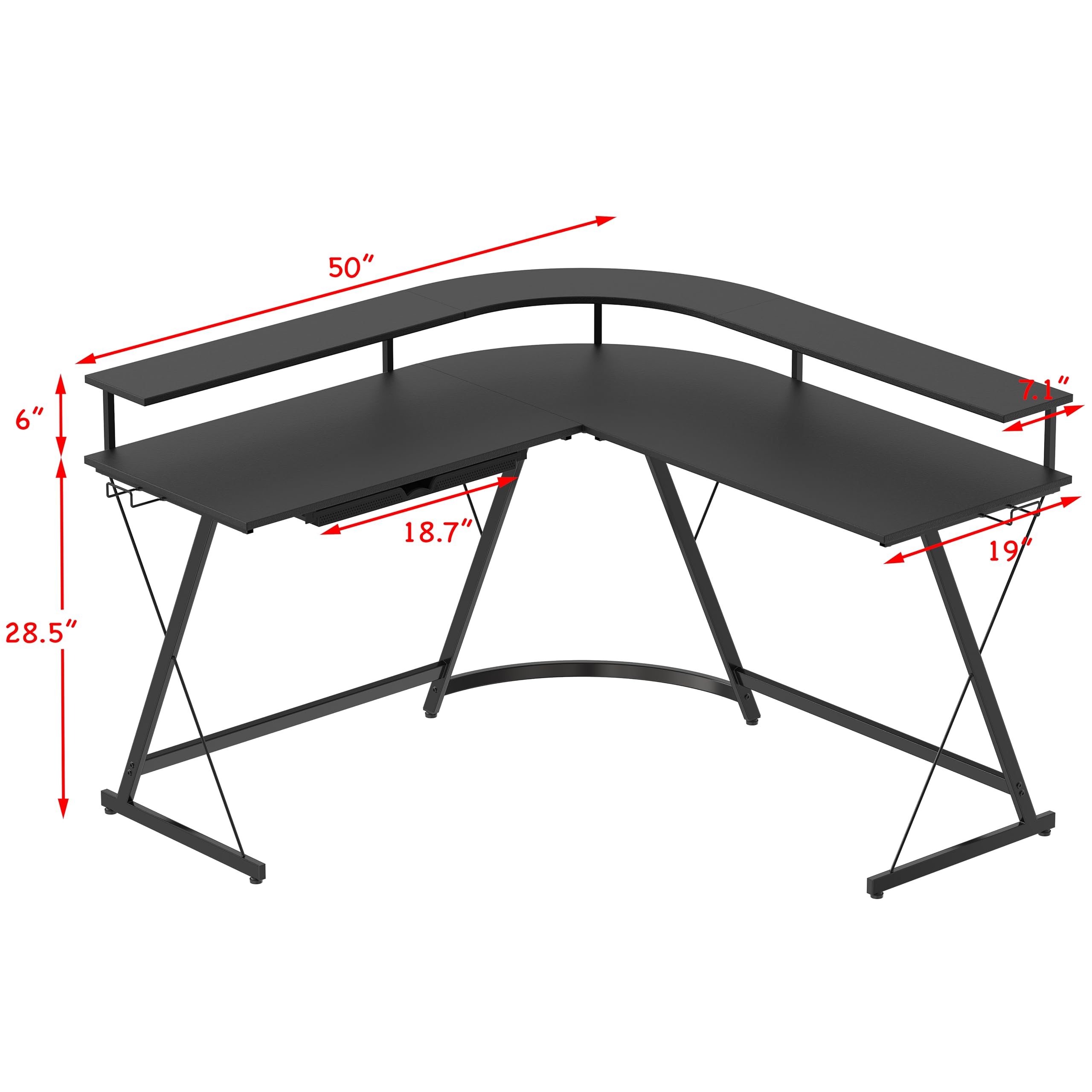 SHW L Shaped Gaming Desk with Full Around Monitor Stand and Drawer, Black