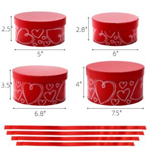 Goaste 4 Pack Round Gift Boxes with Lids, Red Nesting Gift Boxes, Stackable Flower Boxes with Ribbon for Arrangements, Wedding, Birthday, Valentines, Party, Anniversary, Christmas, Bridesmaid