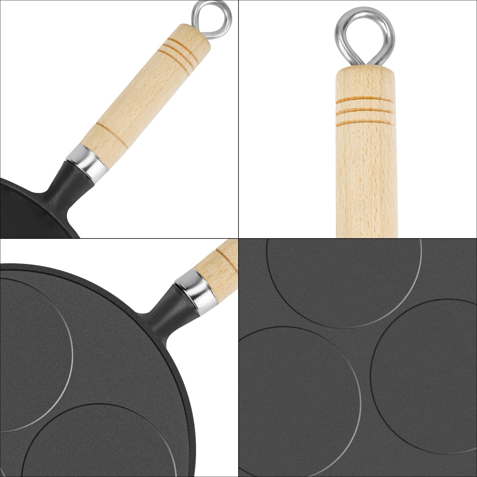 Linkidea Cast Iron 3-Cup Egg Frying Pan, Suitable for Gas Stove & Induction Cooker, Egg Skillet for Breakfast, Long Lasting, Easy Flipping, Healthy Uncoated Egg Cooker with Wooden Handle