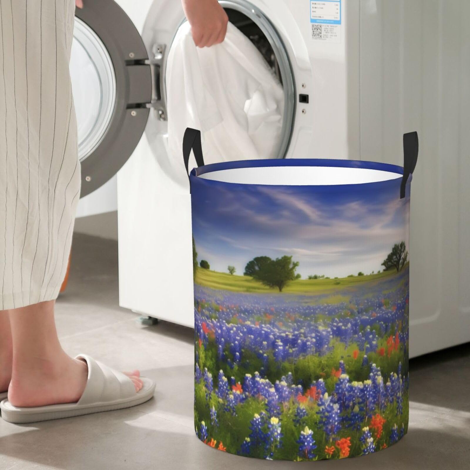 Round Laundry Basket with Handles Waterproof Laundry Hamper for Bathroom Texas Bluebonnets Scenery Circular Storage Basket Lightweight Organizer Basket for Dirty Clothes Dirty Clothes Hamper