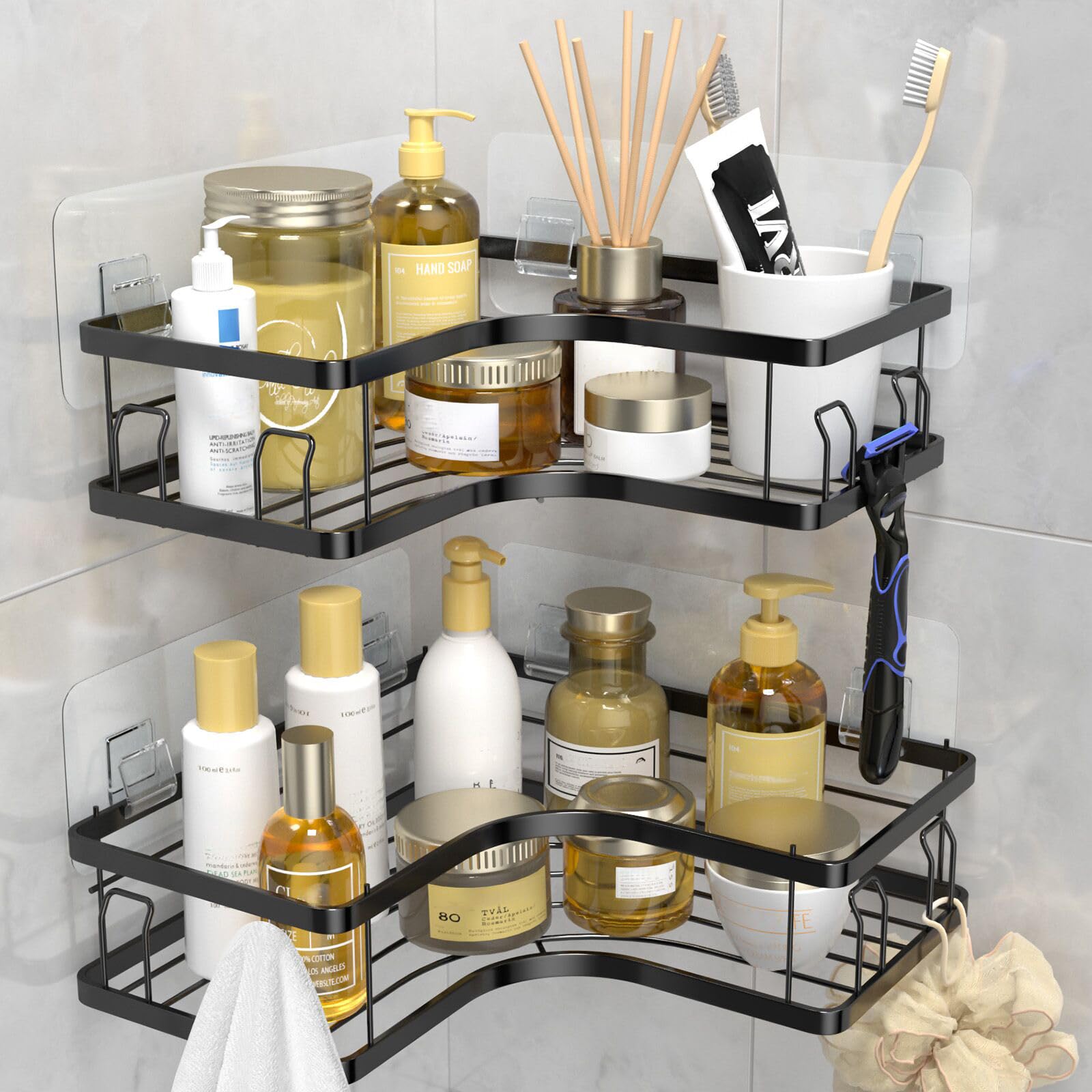 Manalete Corner Shower Caddy, 2 Pack Adhesive Bathroom Shower Organizer, No Drilling Black Shower Shelf for Inside Shower, Corner Shower Storage Rack Shampoo Holder Organizer