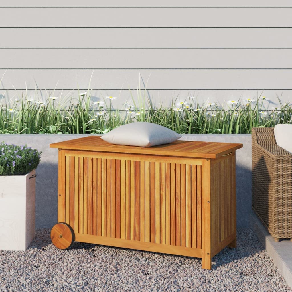 loibinfen Outdoor Storage Box with Wheels, Wooden Patio Deck Box, Outdoor Cushion Storage Container Bin Chest for Patio Cushions, Outdoor Gardening Tools, 35.4"x19.7"x22.8" Solid Wood Acacia -AA