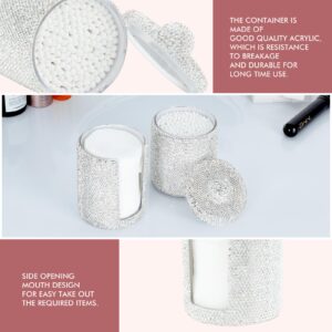 KEYPOWER Bling Rhinestone Cotton Ball Pad Swabs Make Up Pads Dispenser Holder Acrylic Jar with Lid Multi-function Organizer Container (White)