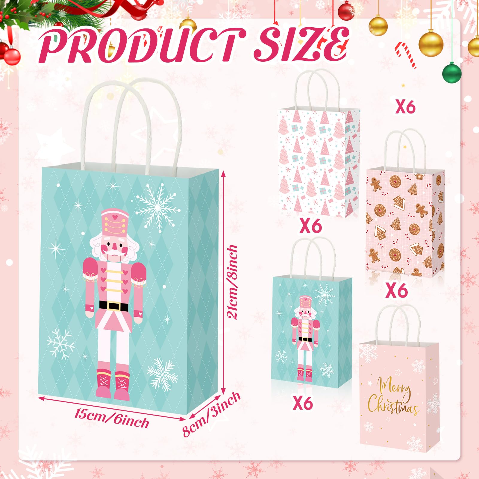 Zhanmai 24 Pcs Pink Christmas Gift Bags with Tissue Paper Gingerbread Gift Bags Nutcracker Wrapping Bags with Handles for Xmas Holiday Winter Baby Shower Birthday Favor Gift Wrapping, 8 x 6 x 3 Inch