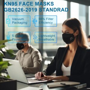 XIKII KN95 Face Mask Black, 50 Pack - 5-Layer Protective Masks, GB2626-2019 Certified, Comfortable Ear Loops, 98% High Filtration, Adjustable Nose Bridge, Non-Medical Respirators for Everyday Safety